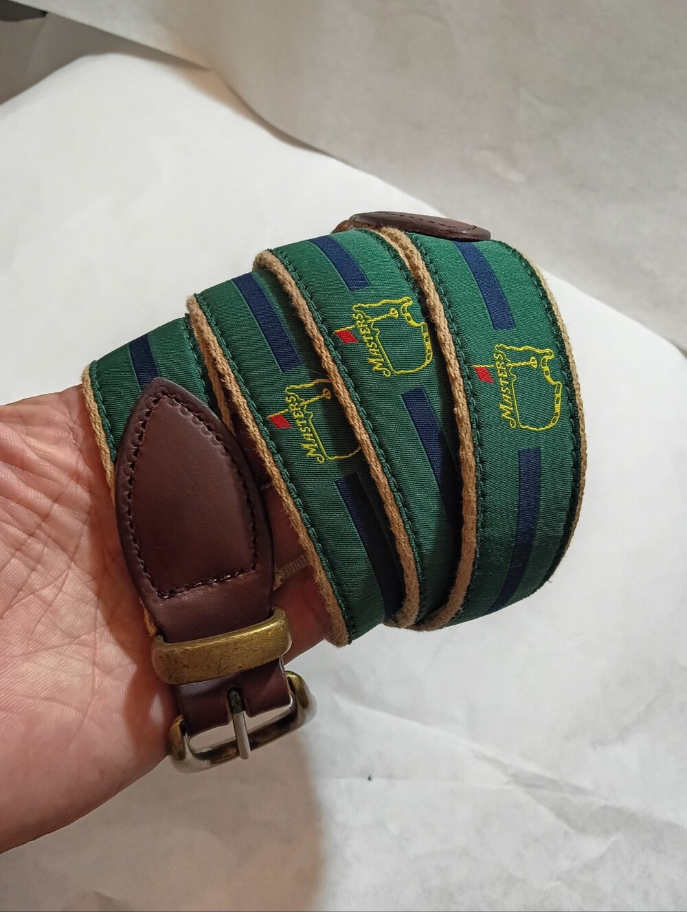 Masters Green & Black Embroidered Men’s Belt Size 42 With Brass Buckle